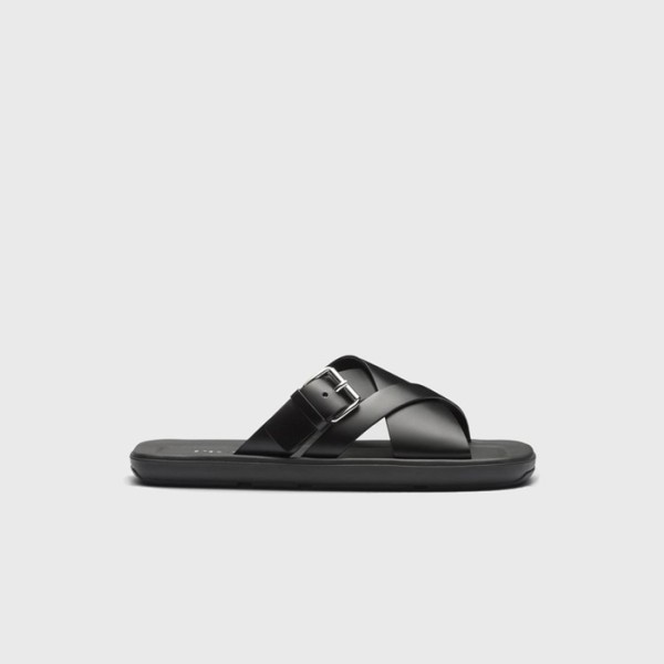 ✨프라다 남성 브러시드 가죽 슬라이드 슬리퍼 【매장-170만원대】 - Prada Mens Black Slippers - pr714x