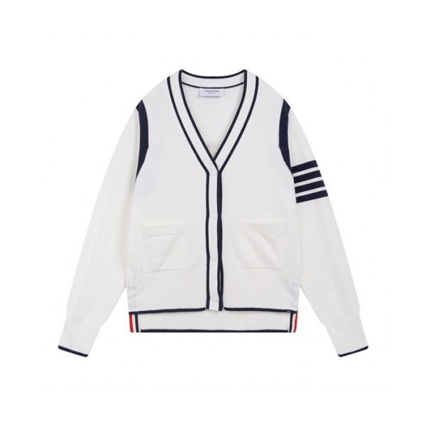 ✨톰브라운 남성 브이넥 화이트 가디건 - Thom Browne Unisex White Cardigan - th134x