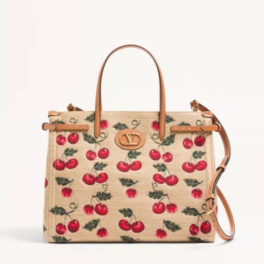 발렌티노 가라바니 앙티브 체리픽 라피아 미디엄 숄더백 내추럴 레드 Valentino Womens Garavani Bag