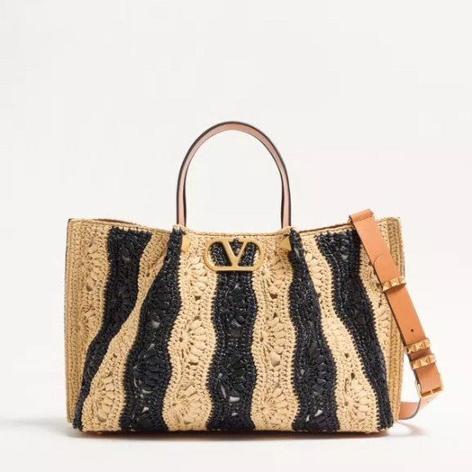 발렌티노 가라바니 웨이브 모티프 라피아 미디엄 쇼퍼백 내추럴 블랙 Valentino Womens Garavani Bag