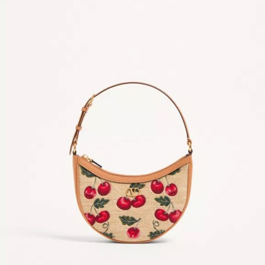 발렌티노 브이로고 시그니처 체리픽 자카드 라피아 미니 호보백 내추럴 레드 Valentino Womens Garavani Bag