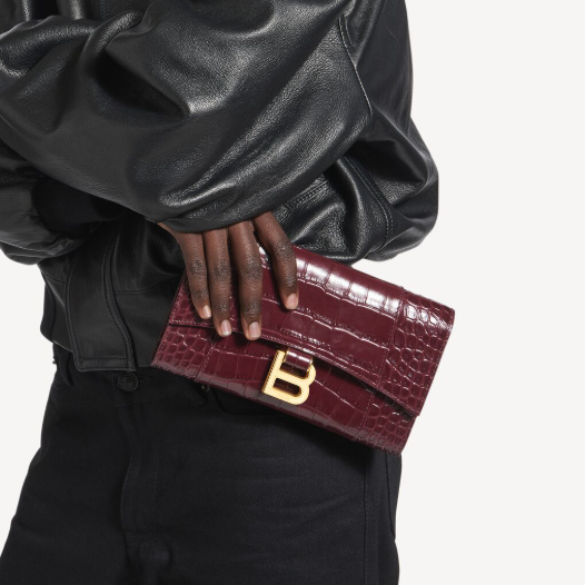 발렌시아가 여성 아워글래스 악어패턴 월렛 온 체인 버건디 Balenciaga Women Bag